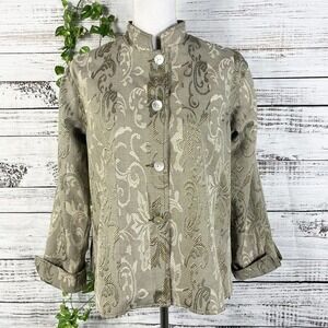 Coldwater Creek Blazer size 8 Olive Green Brocade Floral Lagenlook Career Casual